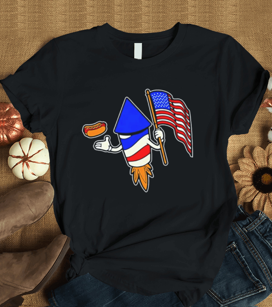 Fireworks Rocket American Flag And Hot Dog Celebration T-Shirt