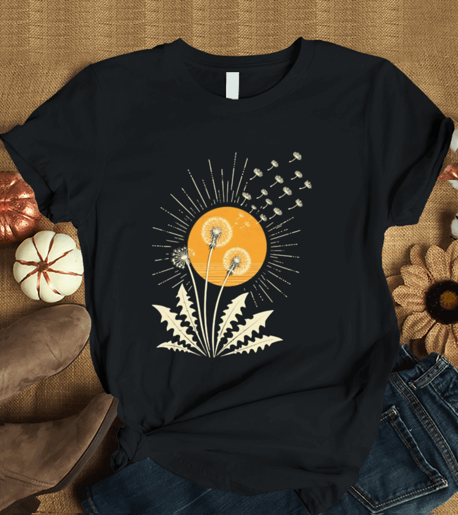 Golden Sunlight Dandelion Seeds Flying Nature Burst T-Shirt
