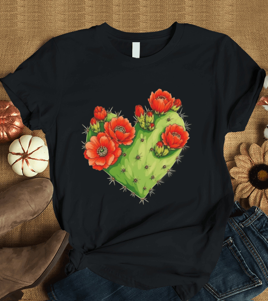 Heart Shaped Cactus With Vibrant Red Flowers T-Shirt