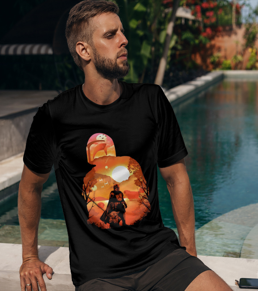 Hunting Companions Bounty Hunter Sunset Mandalorian Grogu Art By Dandingeroz T-Shirt