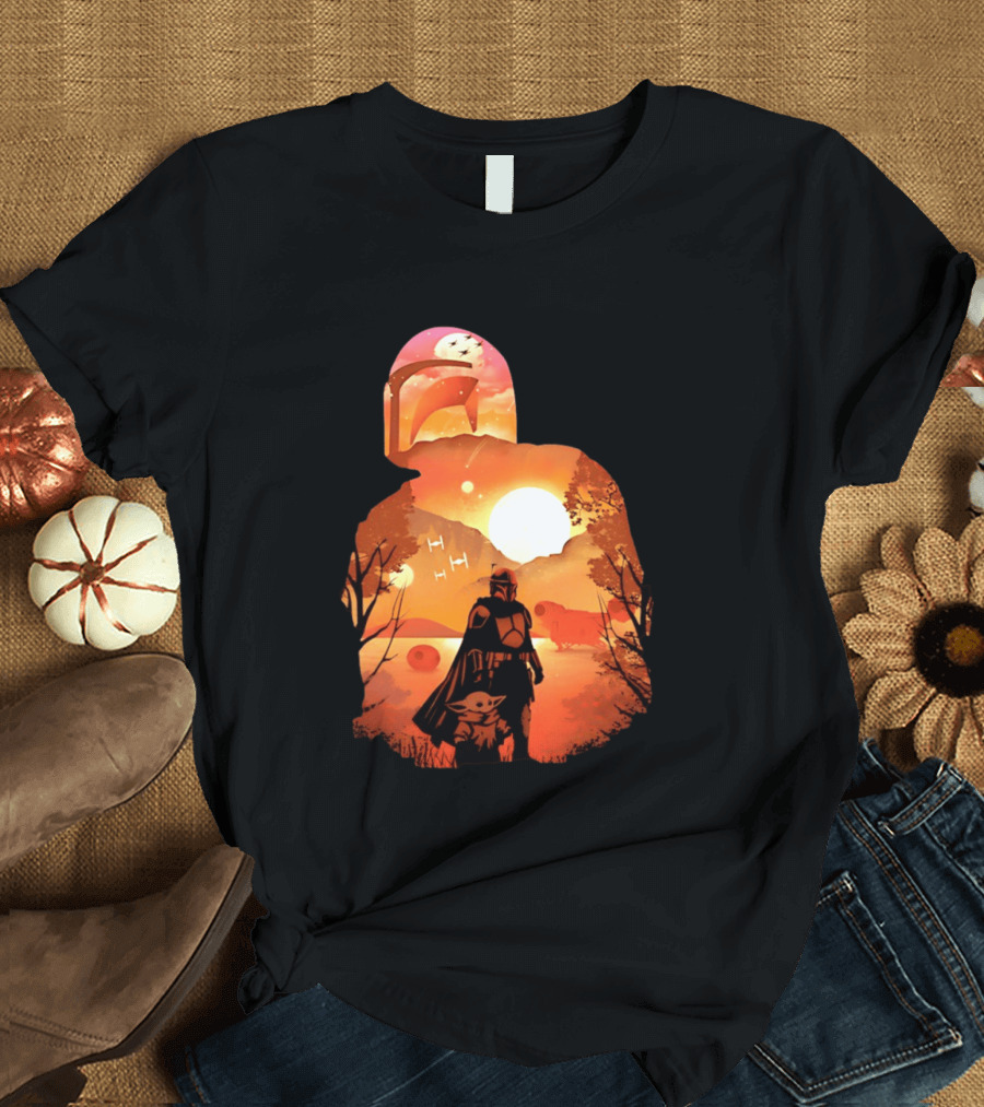 Hunting Companions Bounty Hunter Sunset Mandalorian Grogu Art By Dandingeroz T-Shirt