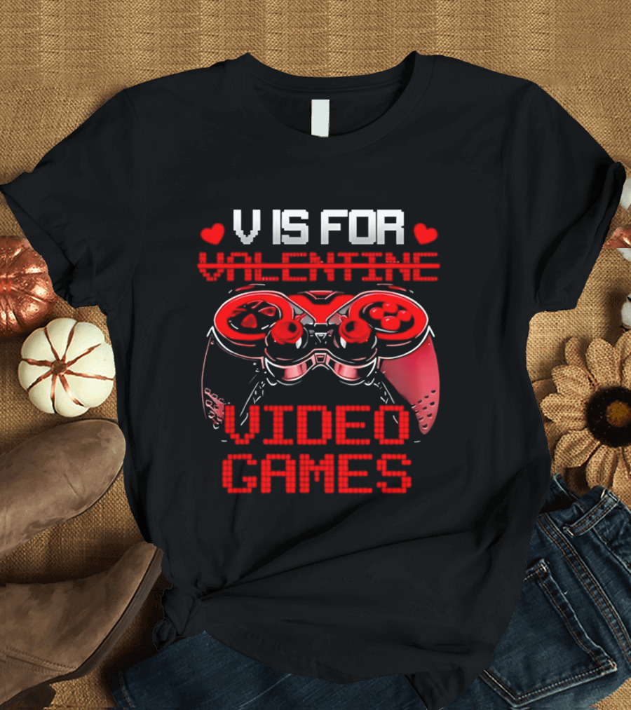 V Is For Valentine Video Games Controller Hearts T-Shirt