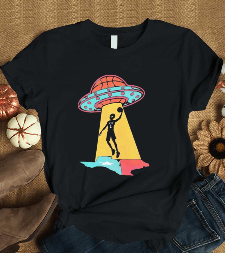 Victor Wembanyama San Antonio Spurs UFO Abduction Texas Flag Basketball T-Shirt