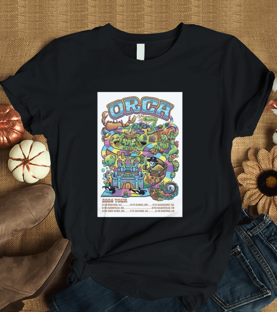 ORCA 2026 Tour Colorful Adventure Map Denver Asheville New York Boise Richmond Nashville Golden T-Shirt