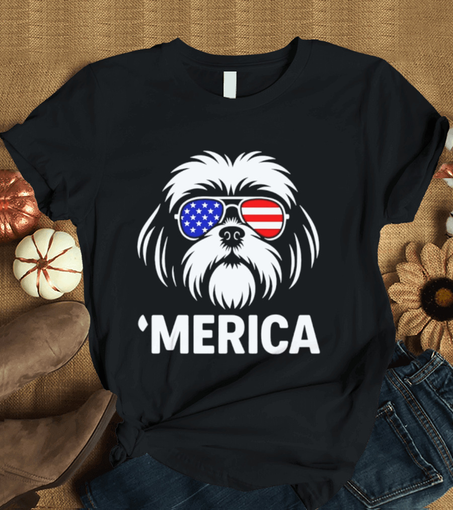 Shih Tzu Dog 'Merica American Flag Sunglasses T-Shirt