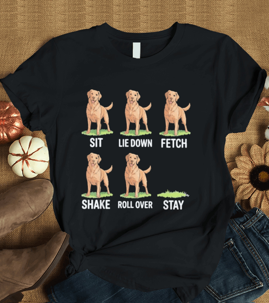 Sit Lie Down Fetch Shake Roll Over Stay Golden Retriever T-Shirt