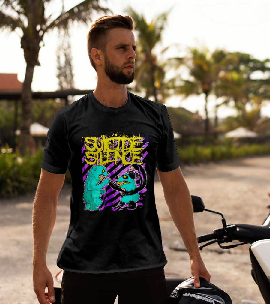Suicide Silence Bears And Pandas Face Off In Striped Painting T-Shirt