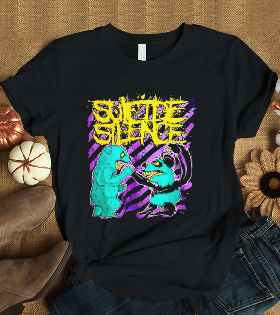 Suicide Silence Bears And Pandas Face Off In Striped Painting T-Shirt