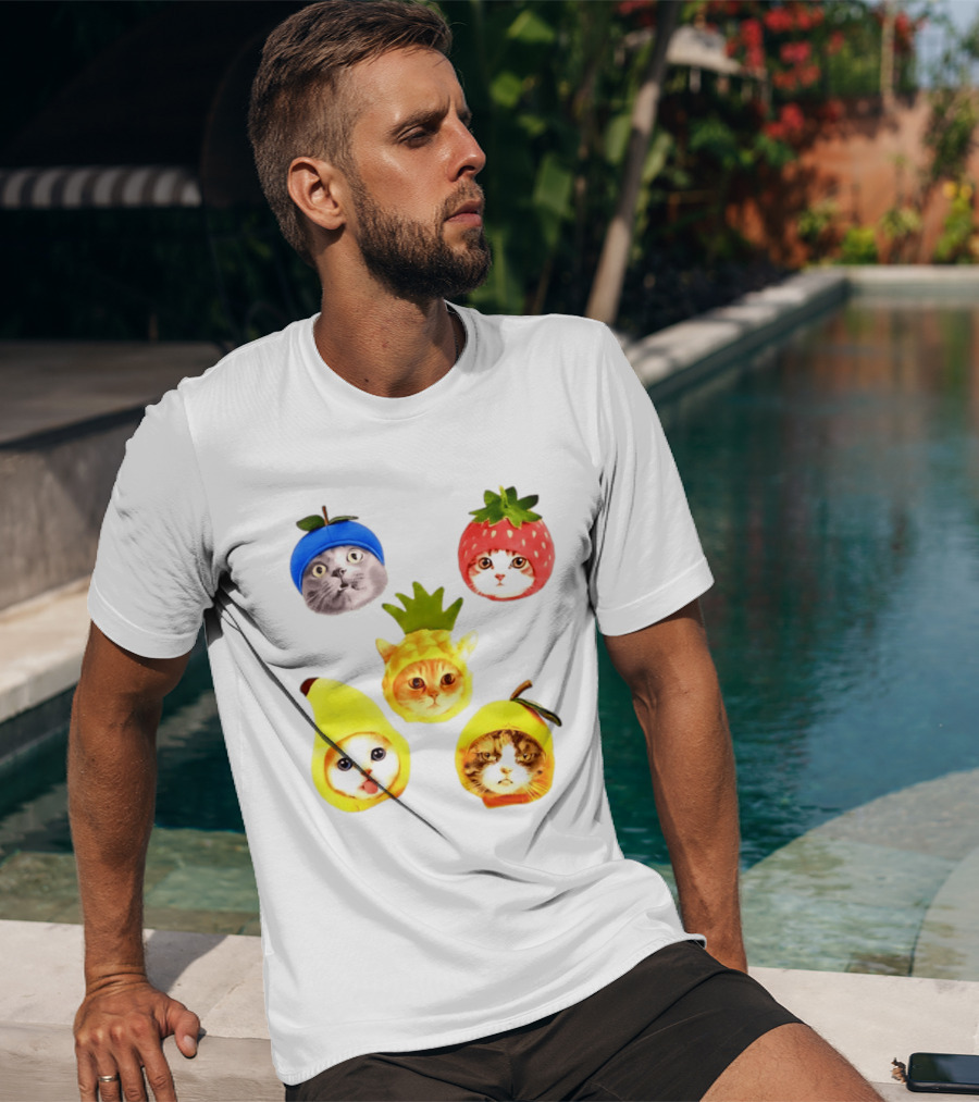Whimsical Cats In Fruit Hats Blueberry Strawberry Pineapple Banana Apple T-Shirt