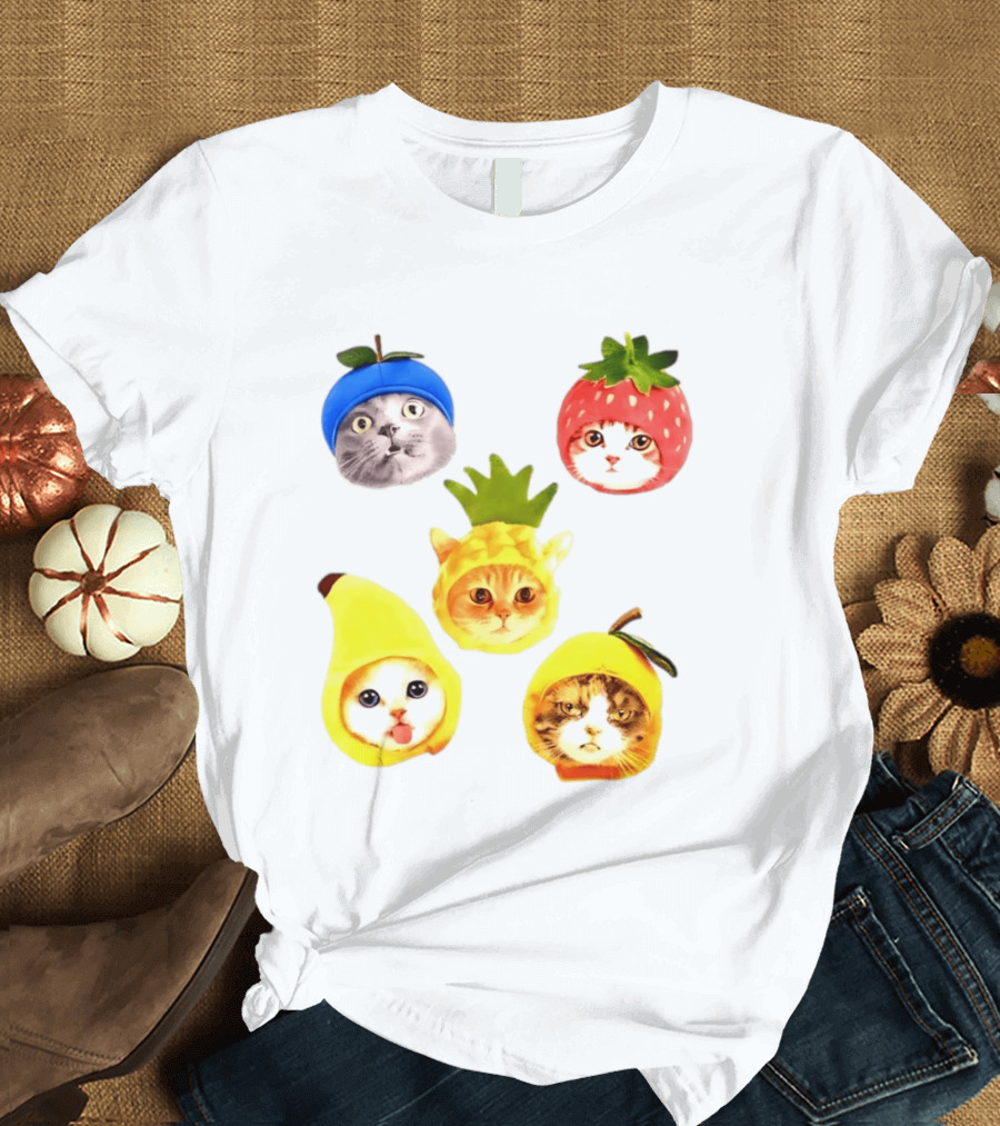Whimsical Cats In Fruit Hats Blueberry Strawberry Pineapple Banana Apple T-Shirt