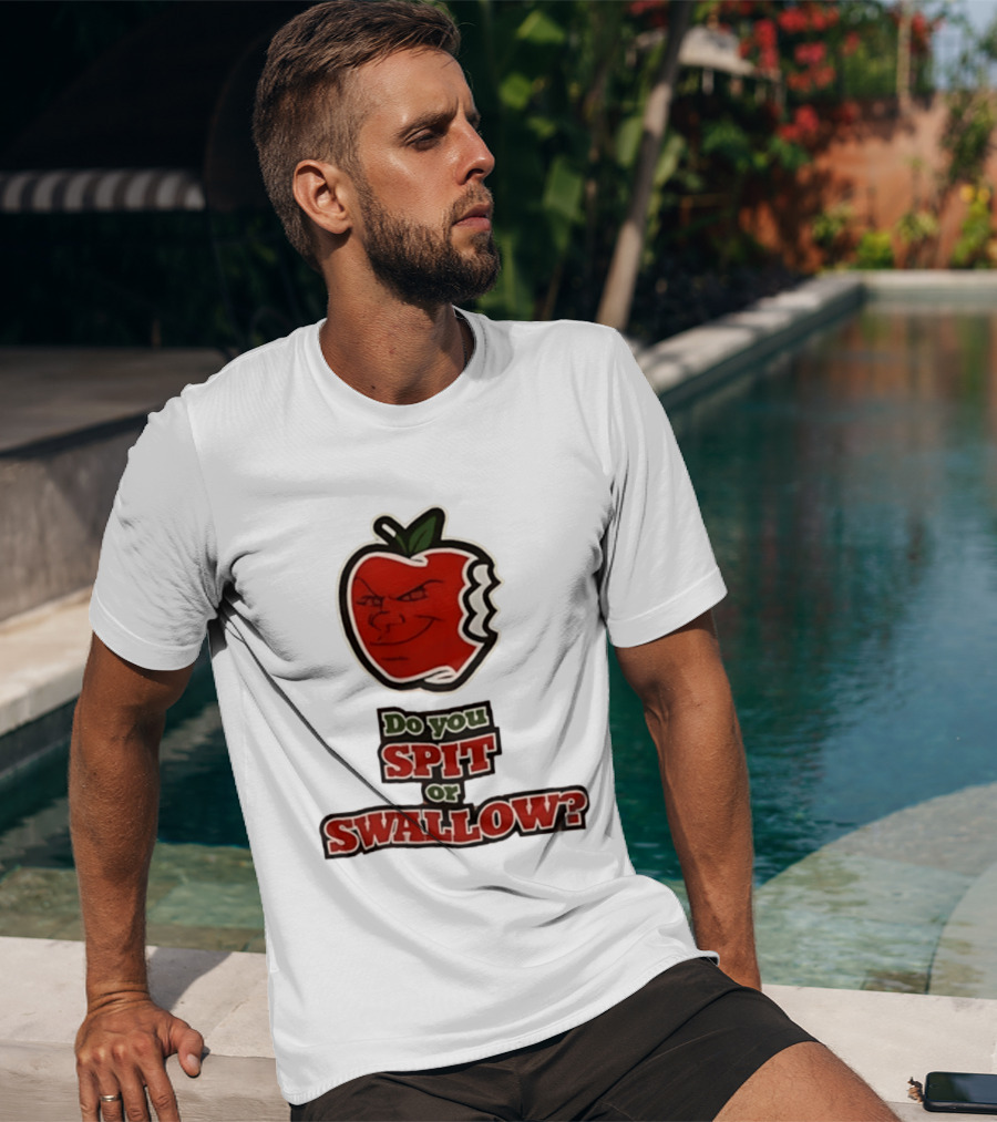 Do You Spit Or Swallow Question With Grinning Apple Bite T-Shirt