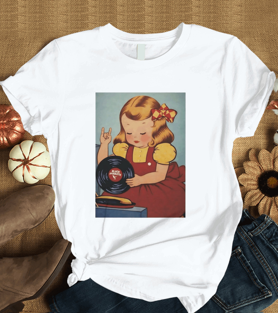 Girl Holding Black Sabbath Vinyl Heavy Metal T-Shirt