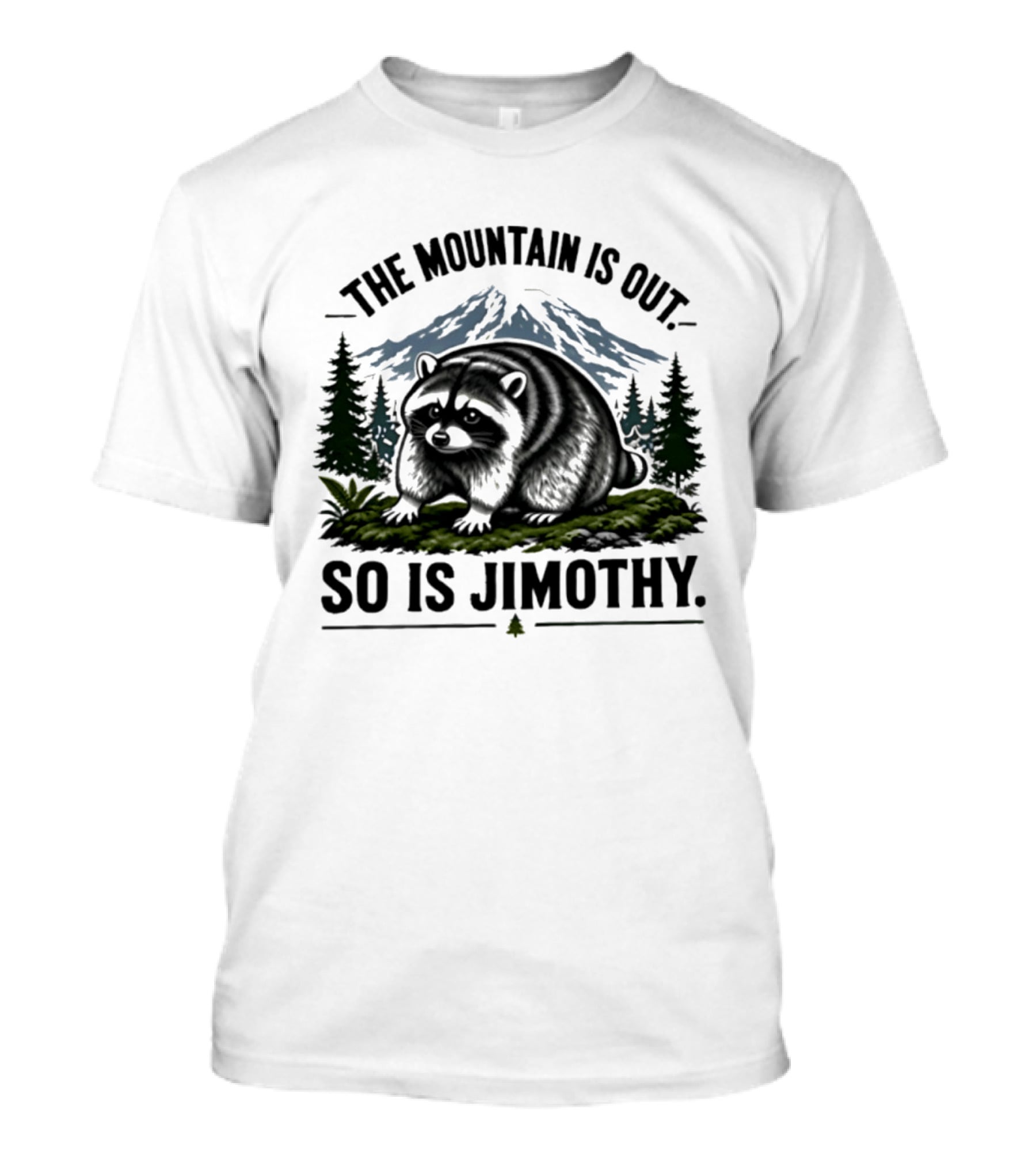 The Mountain Is Out So Is Jimothy Raccoon In Forest Landscape With Majestic Mountains T-Shirt