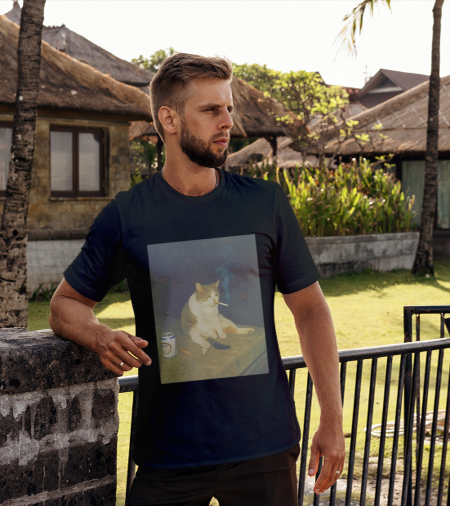 Depressed Cat Smoking Cigarette Meme With Beer Can T-Shirt