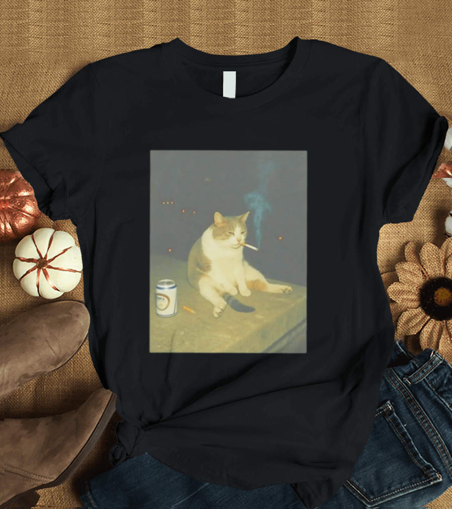 Depressed Cat Smoking Cigarette Meme With Beer Can T-Shirt