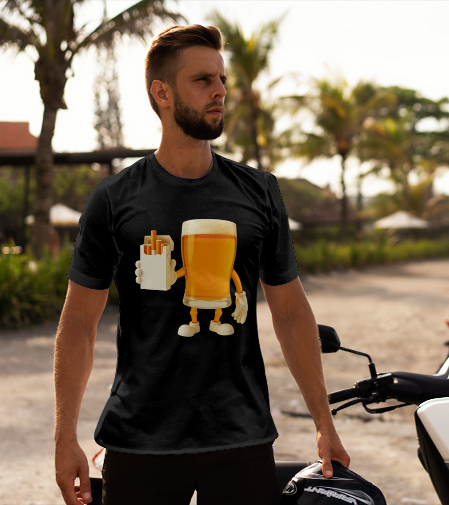 Beer Glass Holding Cigarettes Funny Drunk Cigs T-Shirt