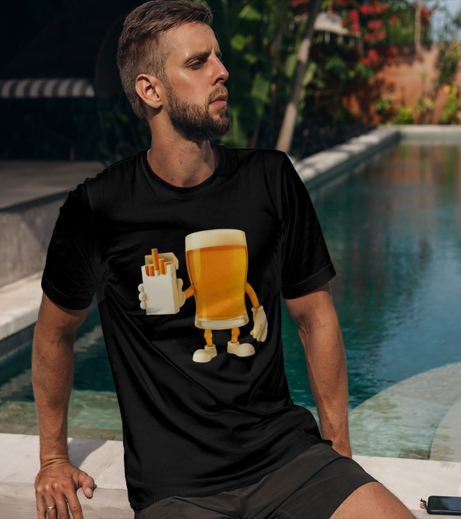 Beer Glass Holding Cigarettes Funny Drunk Cigs T-Shirt