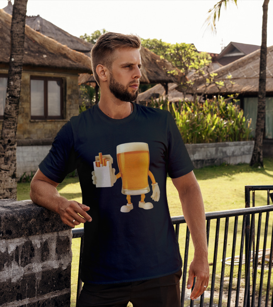 Beer Glass Holding Cigarettes Funny Drunk Cigs T-Shirt