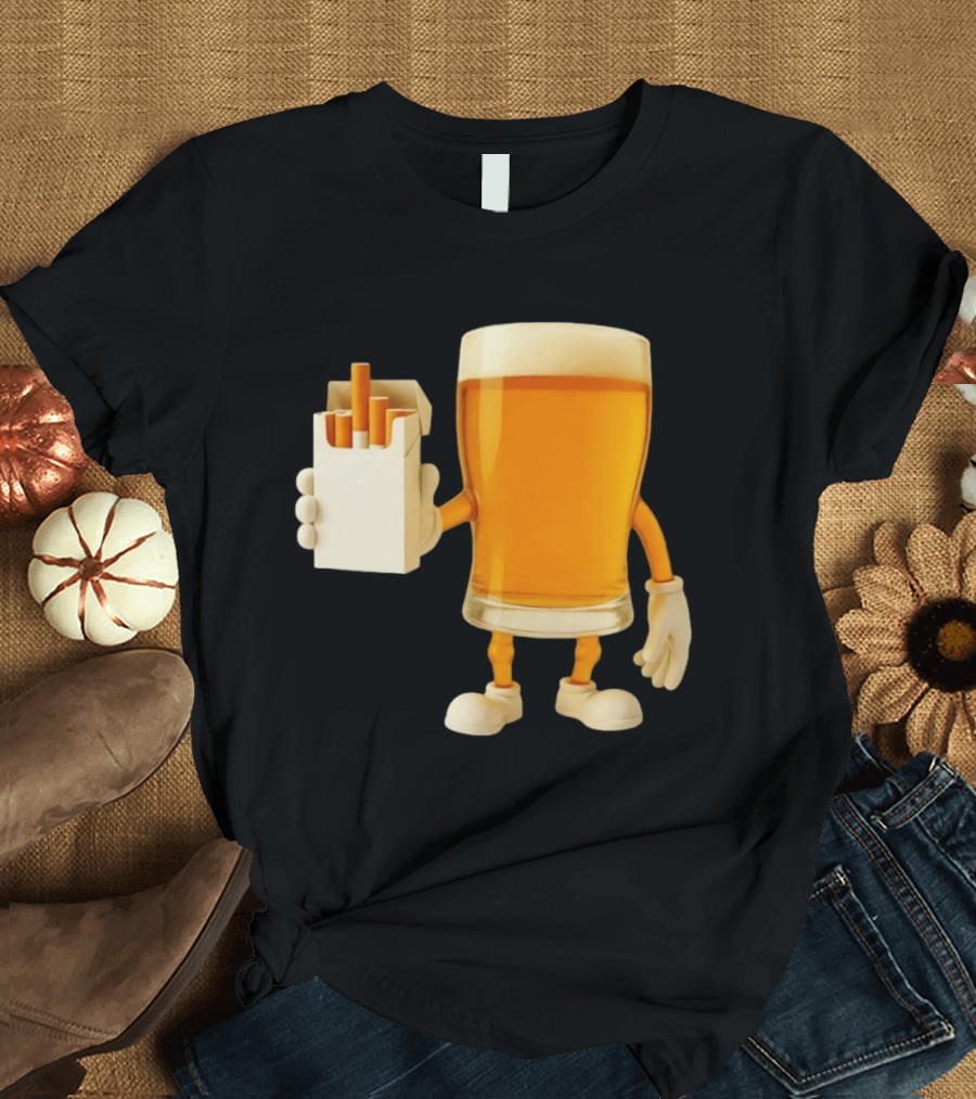 Beer Glass Holding Cigarettes Funny Drunk Cigs T-Shirt