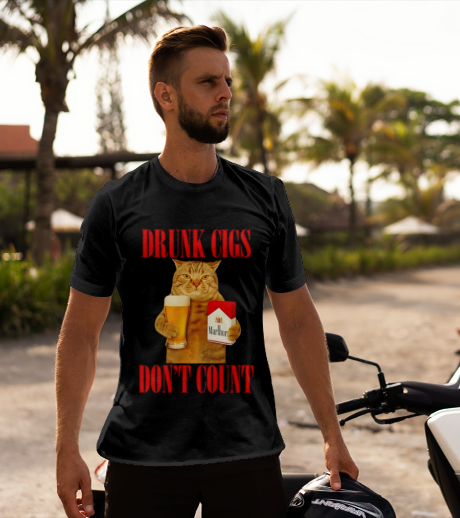 Drunk Cigs Don't Count Cat With Beer And Cigarette Pack T-Shirt