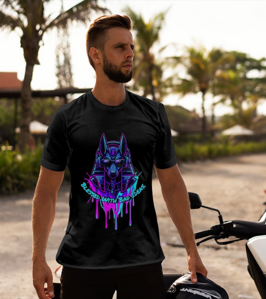 Blessed With Bad Ideas Anubis Headphones Neon Egyptian Mythology T-Shirt