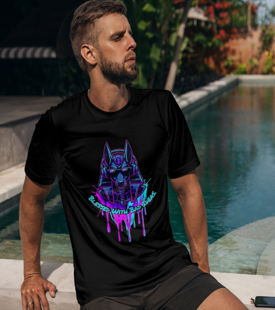 Blessed With Bad Ideas Anubis Headphones Neon Egyptian Mythology T-Shirt