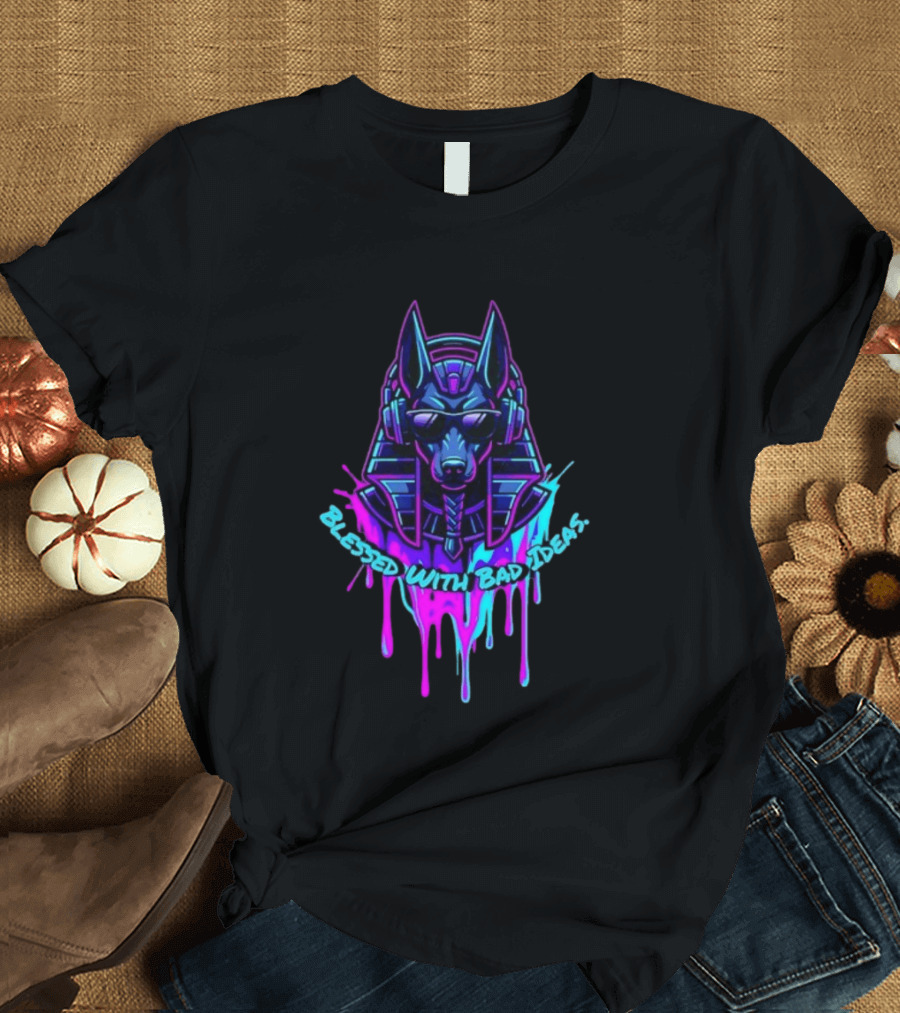 Blessed With Bad Ideas Anubis Headphones Neon Egyptian Mythology T-Shirt
