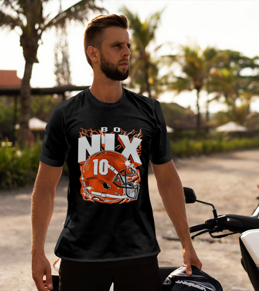 Bo Nix 10 Orange Football Helmet Flames T-Shirt