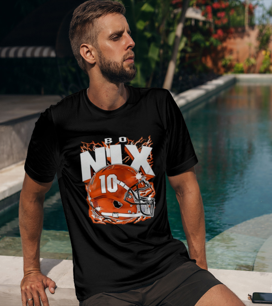 Bo Nix 10 Orange Football Helmet Flames T-Shirt