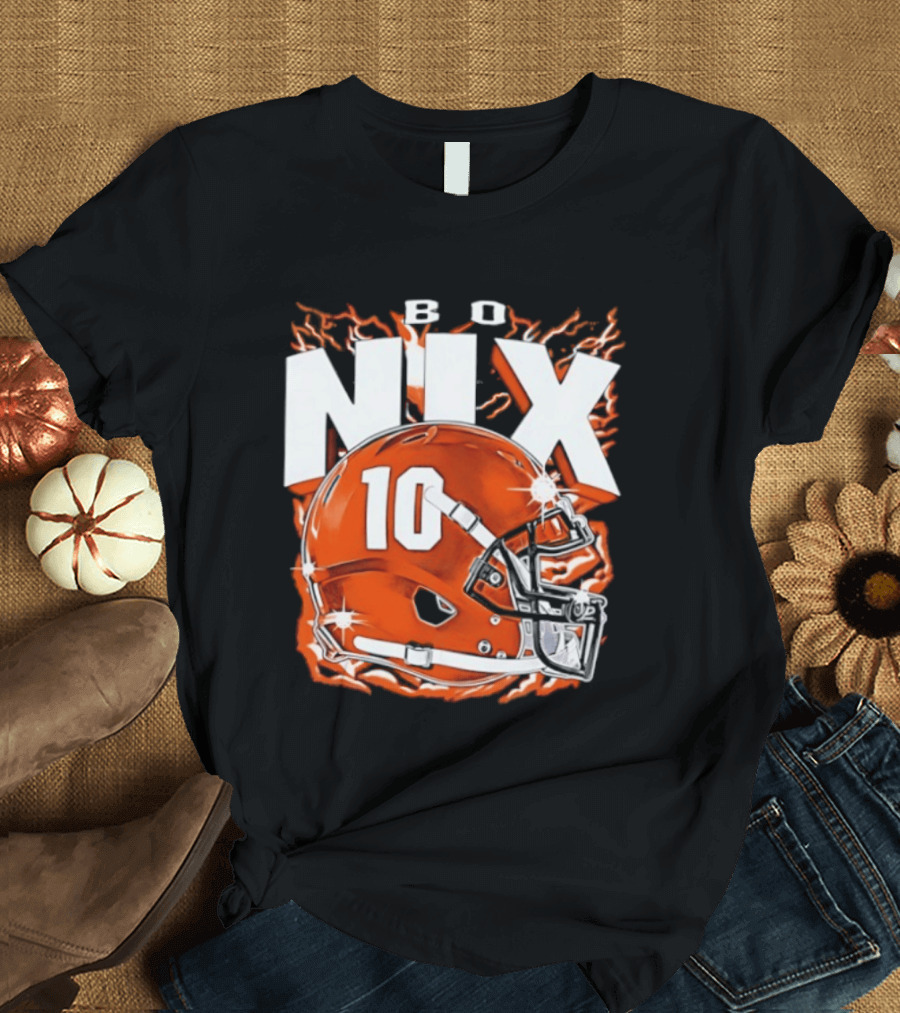 Bo Nix 10 Orange Football Helmet Flames T-Shirt