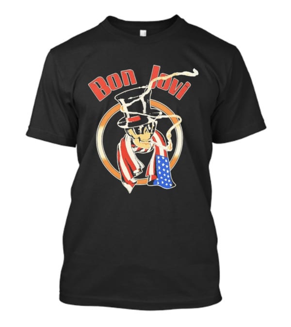 Bon Jovi American Skull With Patriotic Top Hat And Flag Scarf T-Shirt