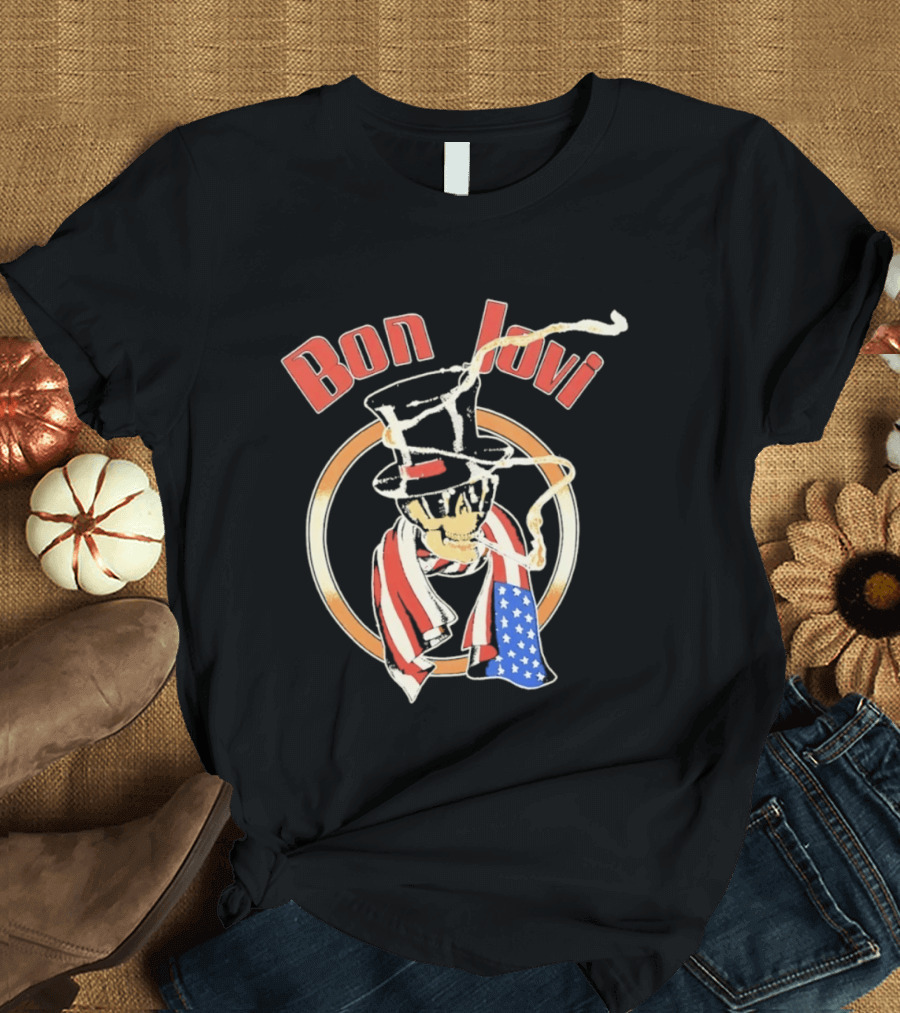 Bon Jovi American Skull With Patriotic Top Hat And Flag Scarf T-Shirt