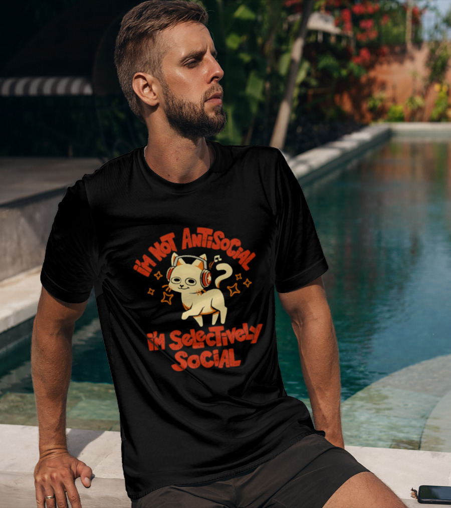 I'm Not Antisocial I'm Selectively Social Cat With Headphones T-Shirt