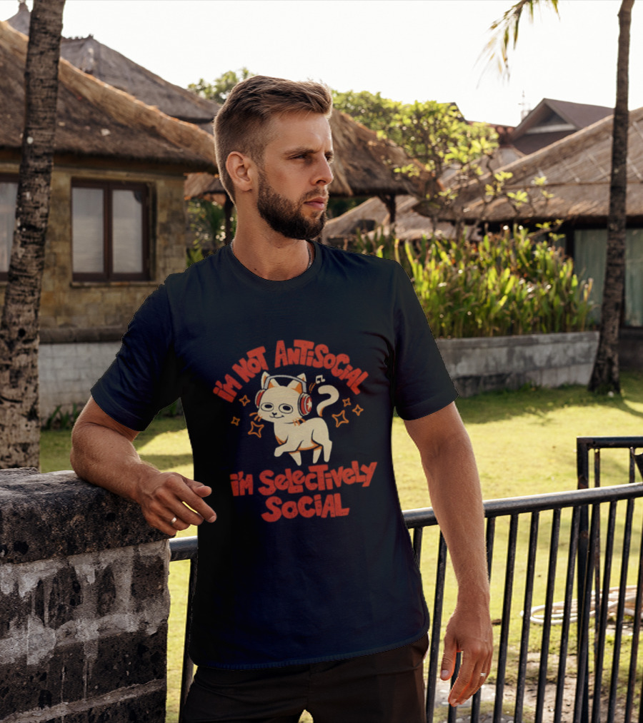 I'm Not Antisocial I'm Selectively Social Cat With Headphones T-Shirt