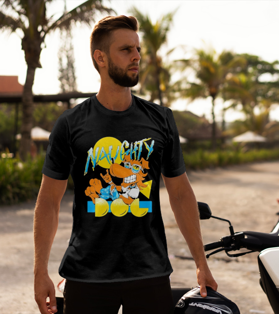 Naughty Dog Retro Cartoon Character With Sunglasses And Sunburst T-Shirt