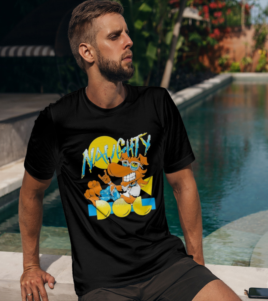 Naughty Dog Retro Cartoon Character With Sunglasses And Sunburst T-Shirt