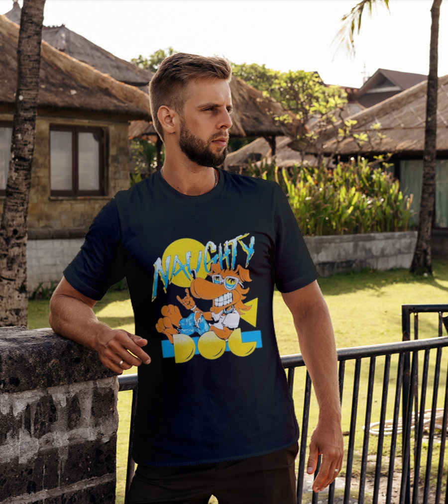 Naughty Dog Retro Cartoon Character With Sunglasses And Sunburst T-Shirt