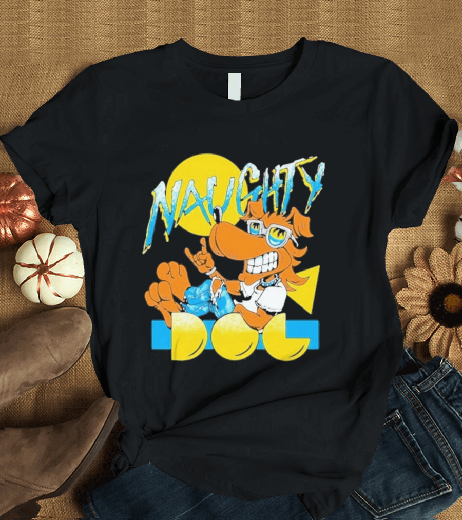 Naughty Dog Retro Cartoon Character With Sunglasses And Sunburst T-Shirt
