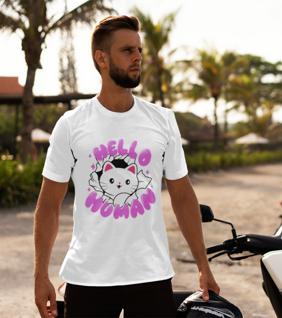 Hello Human Kawaii Cat Kitten Cute Pink T-Shirt