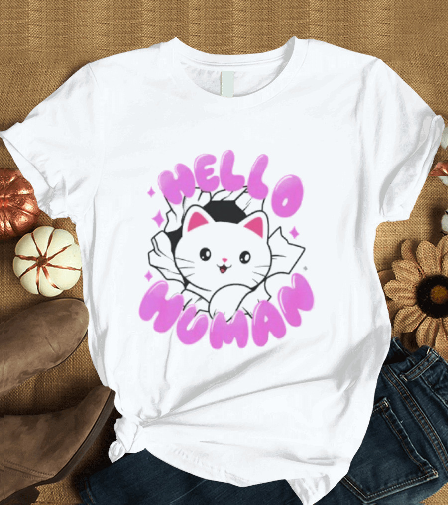 Hello Human Kawaii Cat Kitten Cute Pink T-Shirt