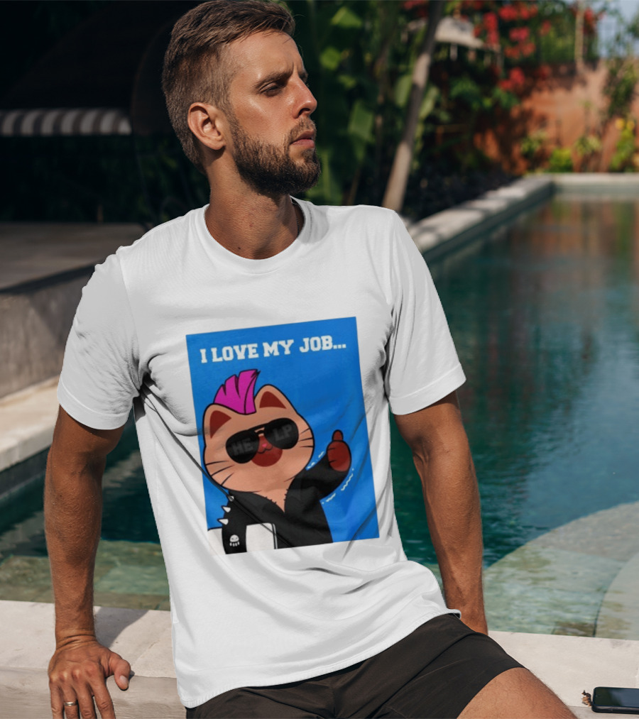 I Love My Job Punk Cat Help Sunglasses Office Humor Thumbs Up T-Shirt