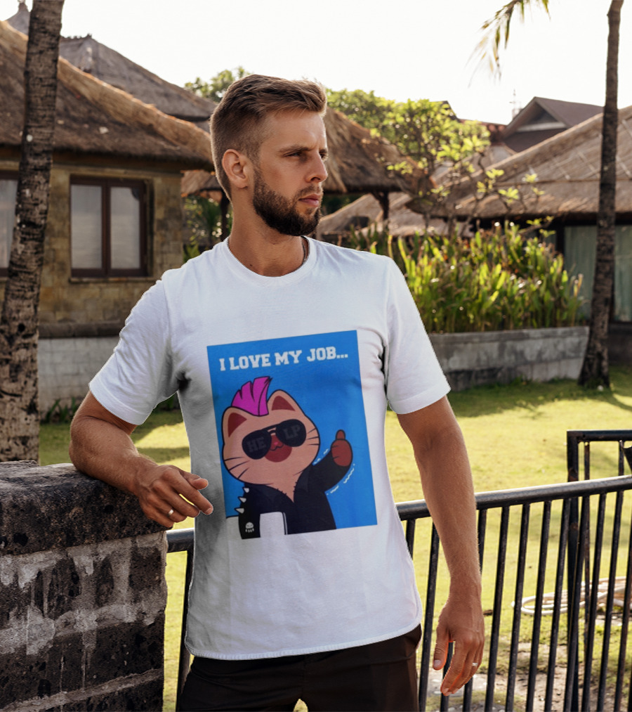 I Love My Job Punk Cat Help Sunglasses Office Humor Thumbs Up T-Shirt