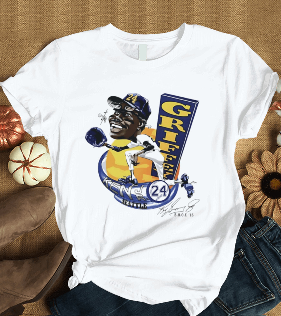 Ken Griffey Jr 24 Seattle Baseball Caricature Bruce Stark Signature T-Shirt