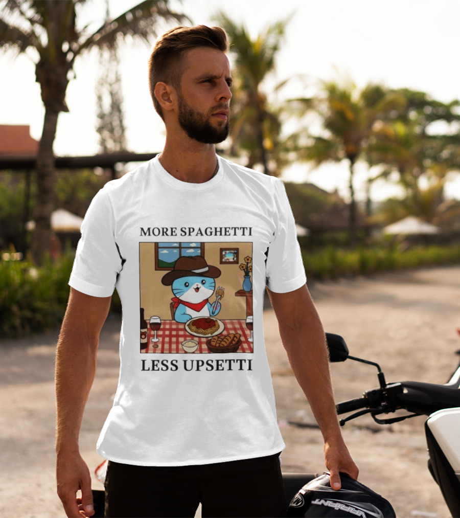 More Spaghetti Less Upsetti Cowboy Cat Eating Pasta With Wine And Bread T-Shirt