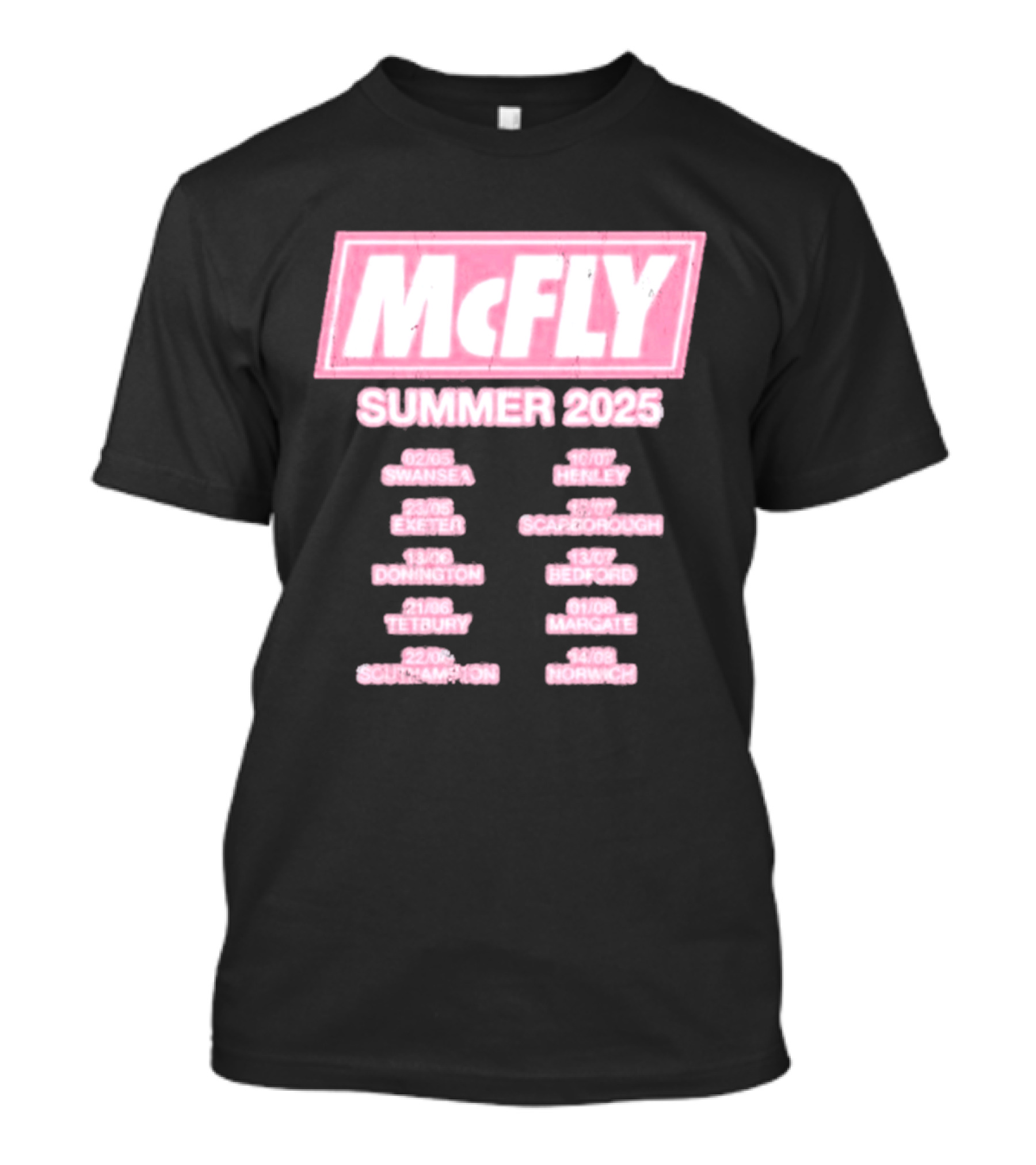 McFly Summer 2025 Tour Dates Swansea Exeter Donington Tetbury Southampton Henley Scarborough Bedford Margate Norwich T-Shirt