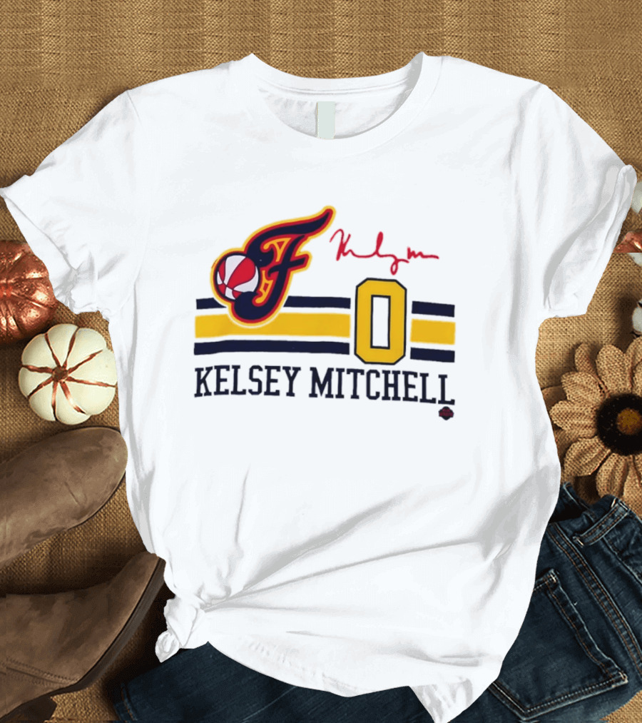 Kelsey Mitchell Indiana Fever No. 0 F Logo And Signature T-Shirt