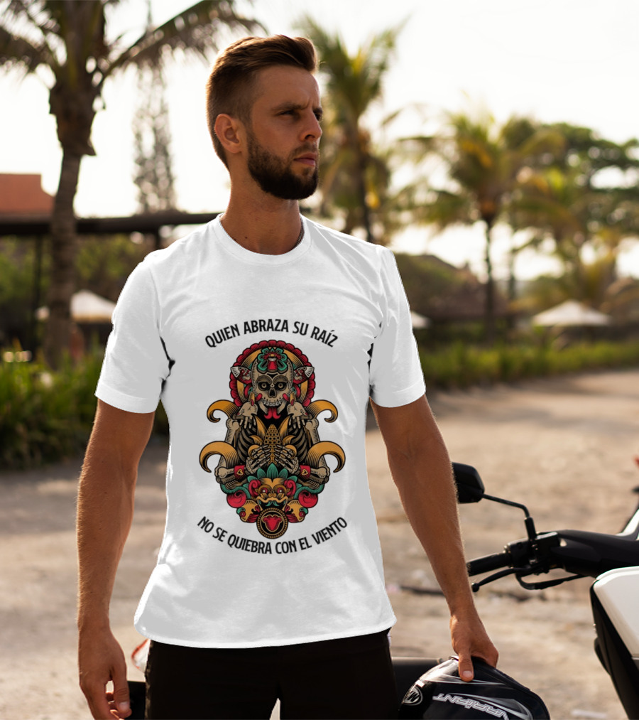 Quien Abraza Su Raíz No Se Quiebra Con El Viento Calavera Artístico Y Elementos Culturales Coloridos T-Shirt