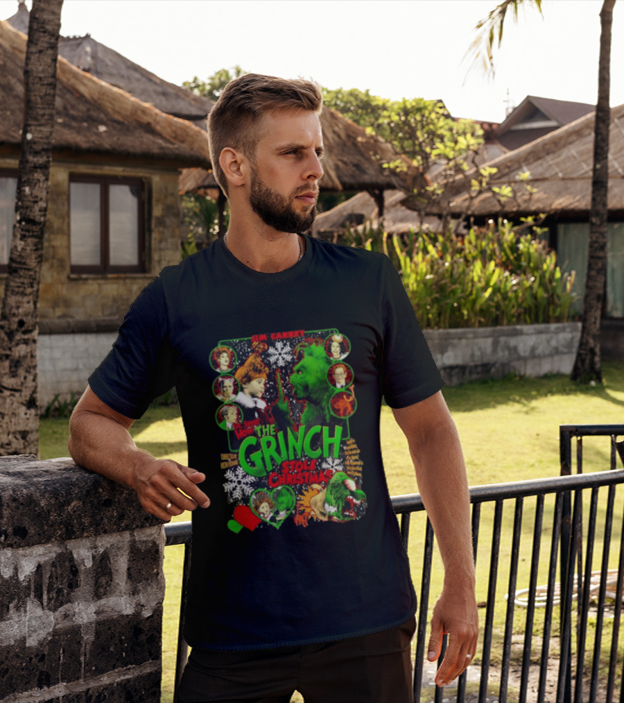 Jim Carrey Dr Seuss How The Grinch Stole Christmas Movie With Characters And Snowflakes T-Shirt