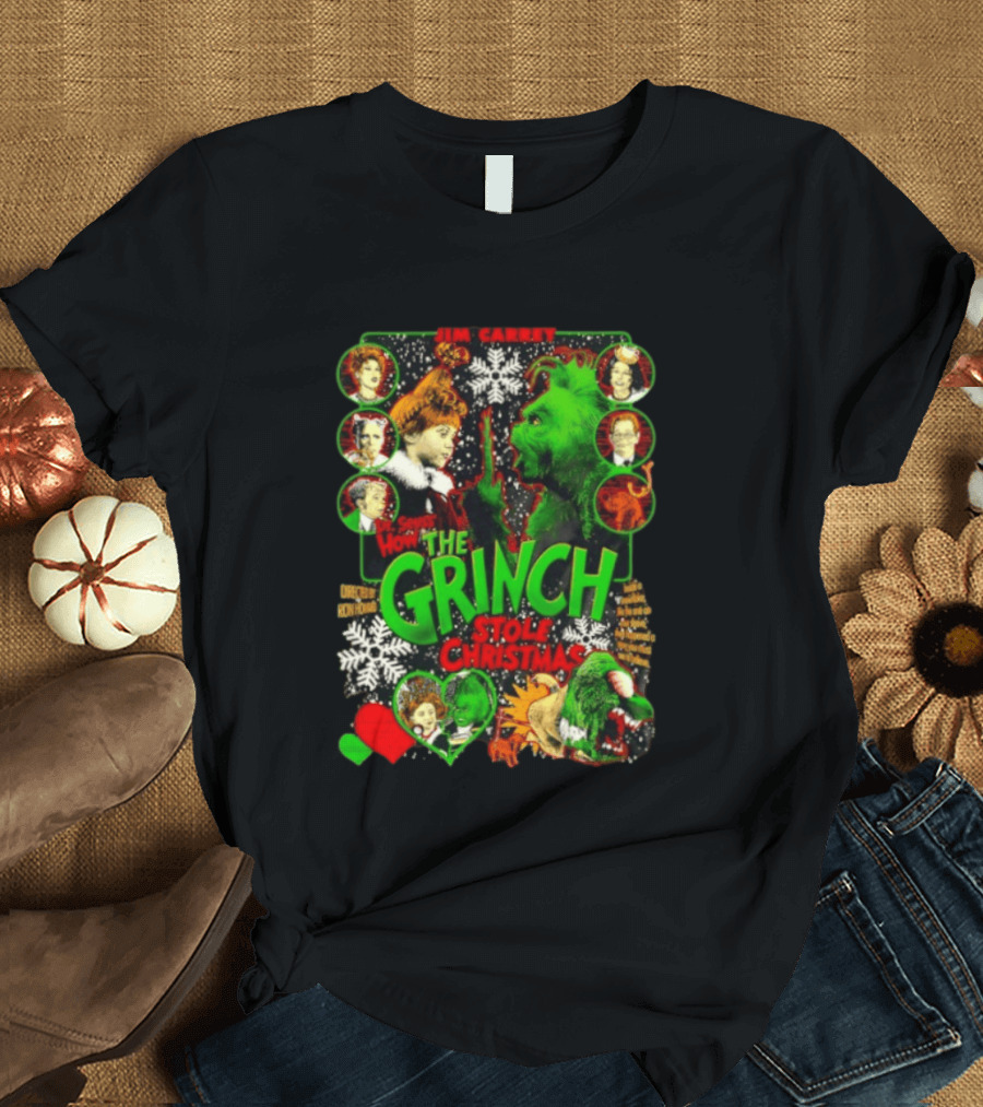 Jim Carrey Dr Seuss How The Grinch Stole Christmas Movie With Characters And Snowflakes T-Shirt