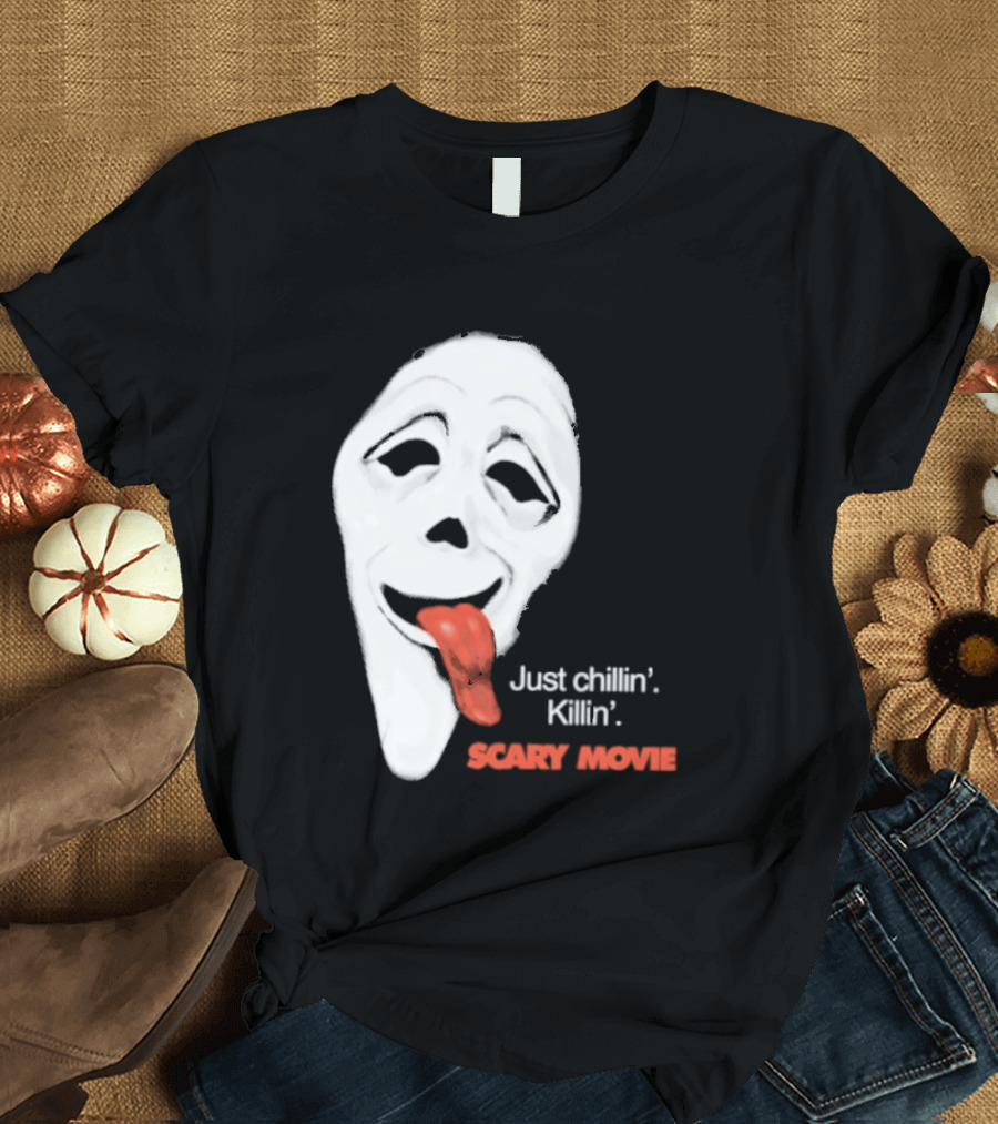 Just Chillin' Killin' Scary Movie Ghostface Mask With Red Tongue T-Shirt